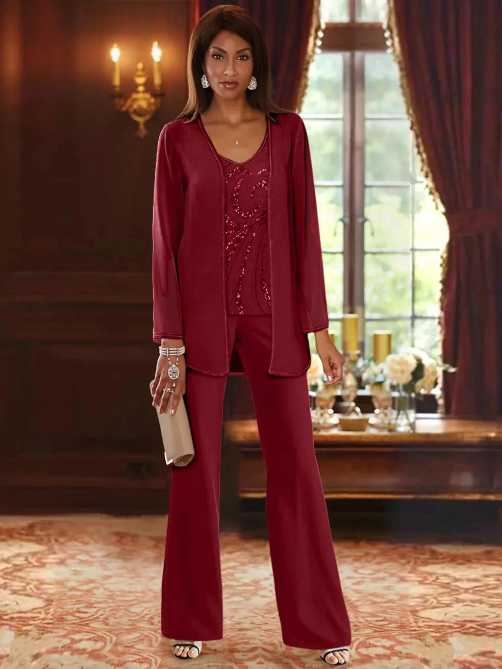 Pantsuit 3 Piece Mother of the Bride Dress Formal Wedding Guest V Neck Chiffon Lace Sleeveless with Beading Sequin 2024