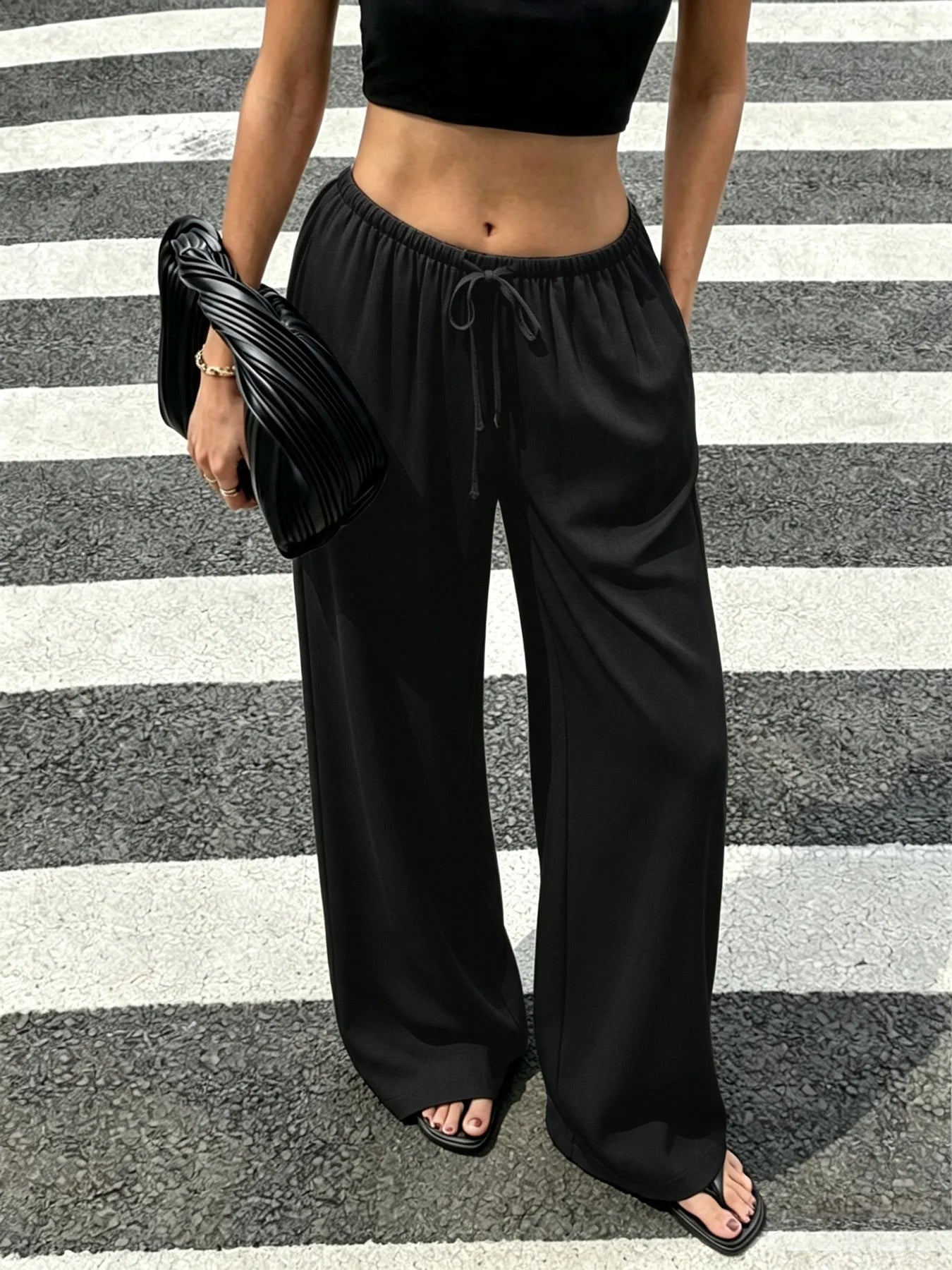 Women Elastic Waist Drawstring Wide Leg Pants Solid Black Loose Floor Length Trousers Casual High Waist Draped Palazzo Pants Wit