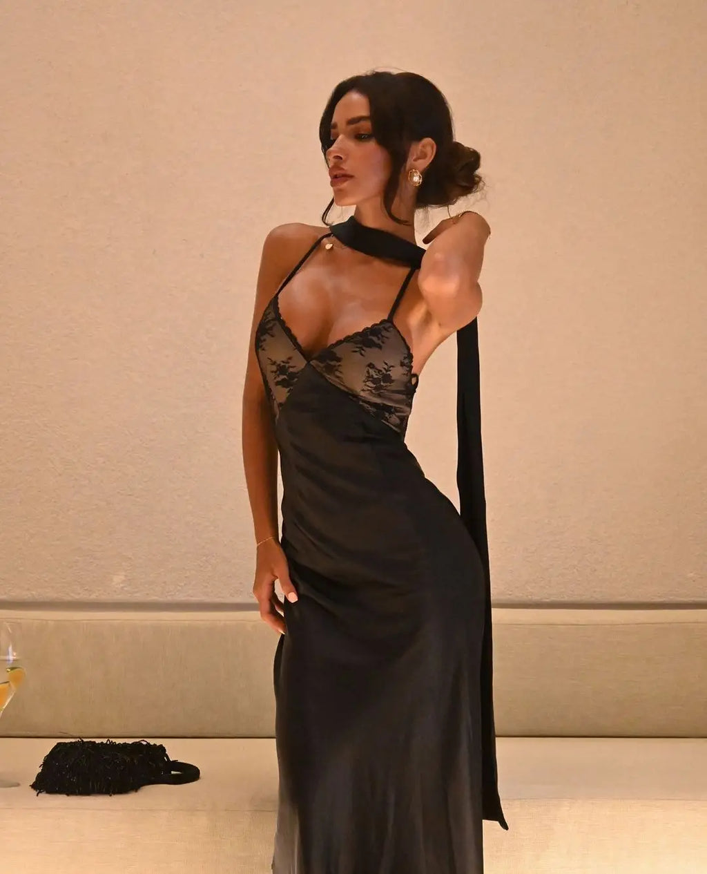 Black Sexy Lace Patchwork Sling Dress Women Chic Sleeveless Off-shoulder Backless Stain Maxi Dresses Lady Evening Dinner Gowns