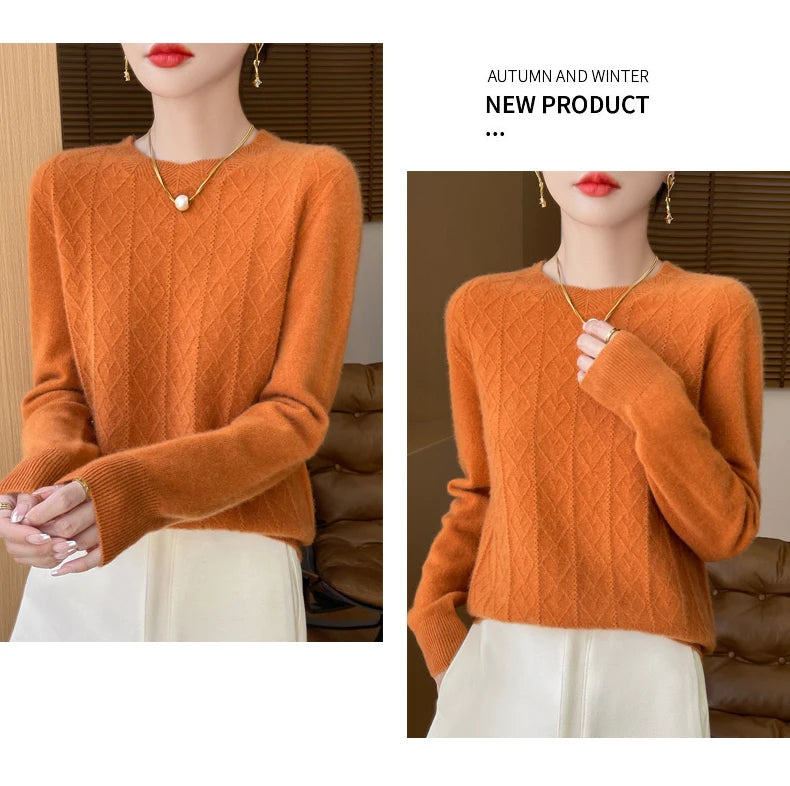 Fall/Winter 2024 New Women's Sweater 100% Pure Wool Lotus Collar Solid Color Loose Knitted Cashmere Pullover