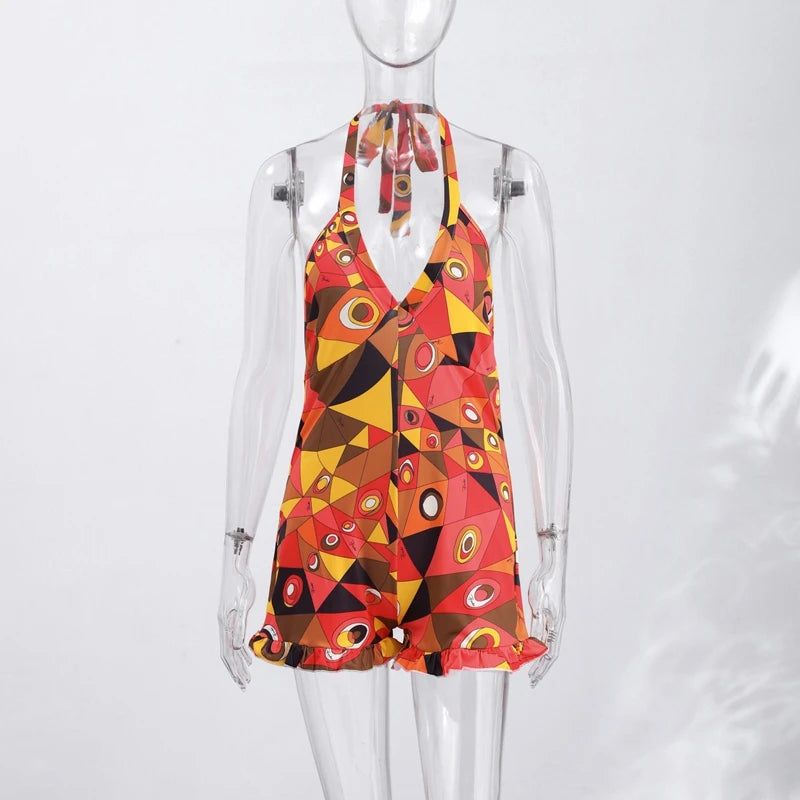 Sexy Print Women's Playsuit Beach Halter Backless Pleated Sleeveless V-neck Jumpsuit Women 2026 Summer Vacation Lady New