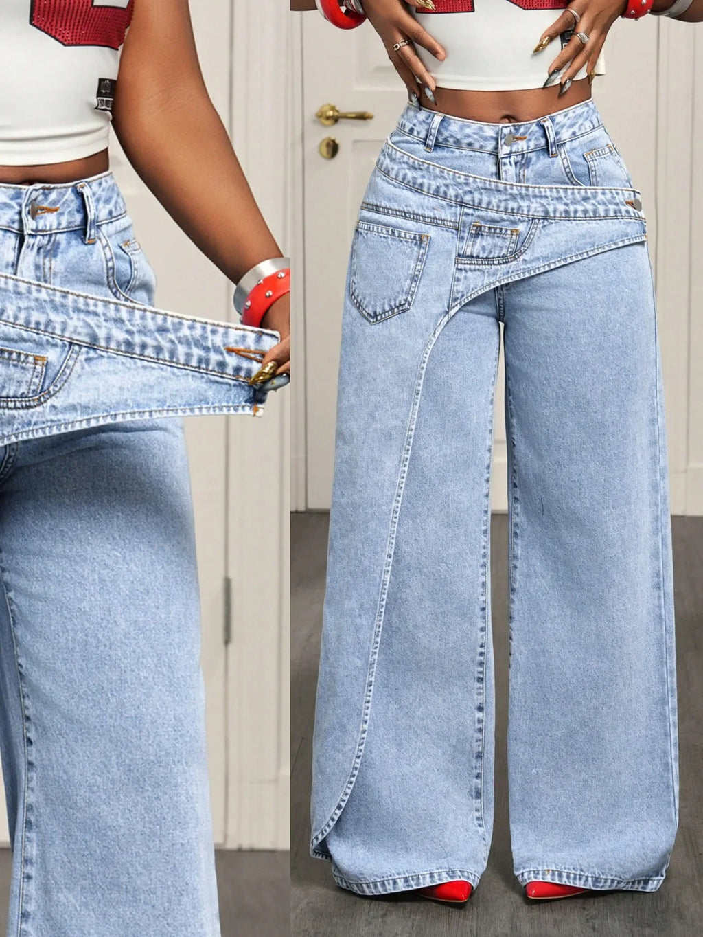 Denim Pant Women Jeans Vintage Wide Leg Long Pants High Waist Straight Trousers Y2k Streetwear Elegant Splice Work Casual Loose