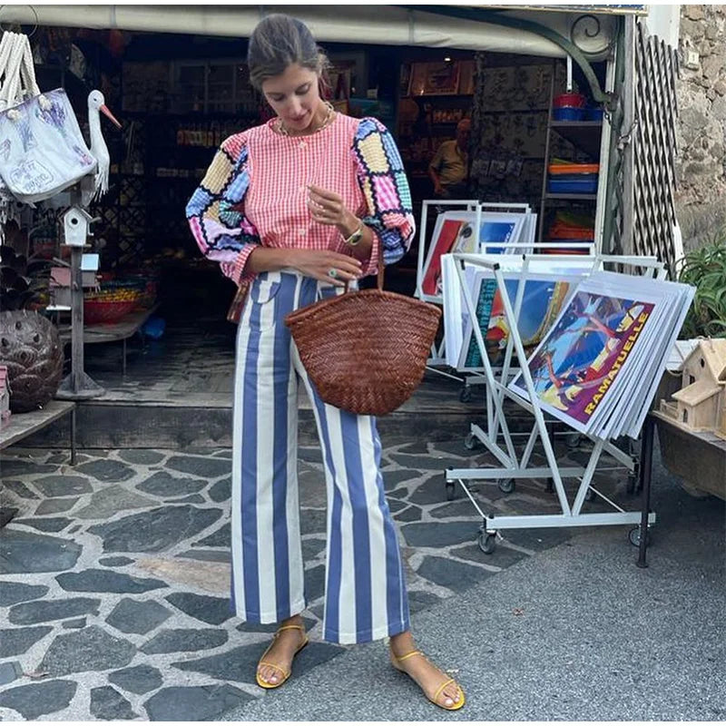 Striped Zipper High-Waisted Trousers Slim Fit Flare Leg Double Pocket 2026 Summer Casual Women Bottom Fashion Chic Lady Pants