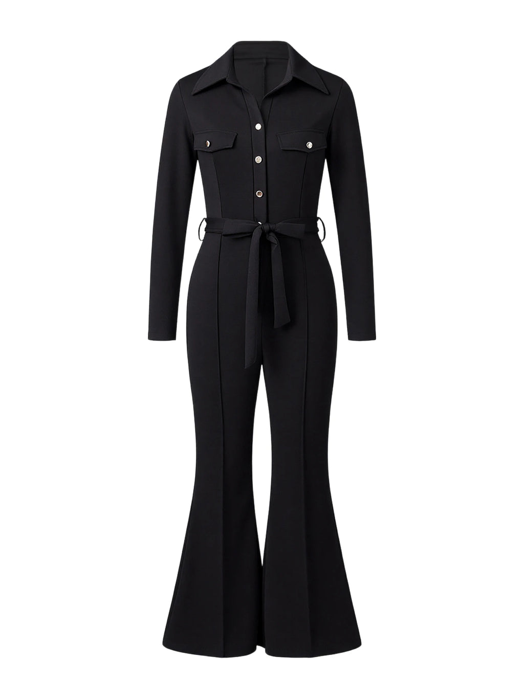 Women's Flare Pants Jumpsuit Solid Color Long Sleeve Lapel V-Neck Button Down Slim Fit Rompers with Belt
