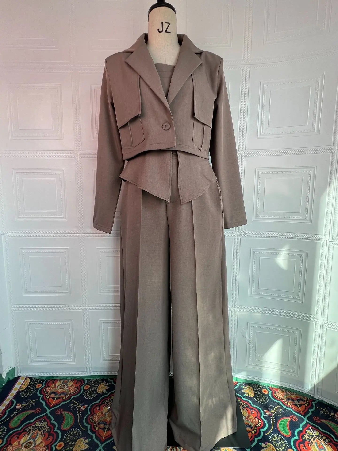 Pant Set Women 3 Piece Sets Lapel Full Sleeve Blazers Plain Sling Top Wide Leg Long Pants Splice Y2k Streetwear Work Summer 2026