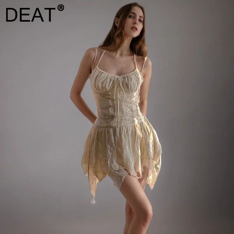 DEAT Fashion Velvet Lace Up Jacquard Spaghetti Strap Dress Women's Slim Fit Mini Irregular Dresses Summer New