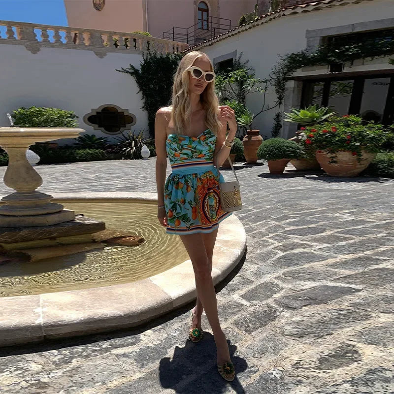 Sexy Strapless Printed Mini Dress 2025 Summer Fashion Women Sleeveless Backless High Waist Slimming Party Vacation Y2k Vestidos