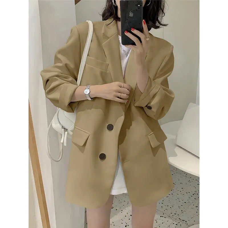 Spring Summerthin Loose Office Lady Fashionable Solid Color Blazers Button Pockets Notched Women's Clothing Long Sleeve Sweet