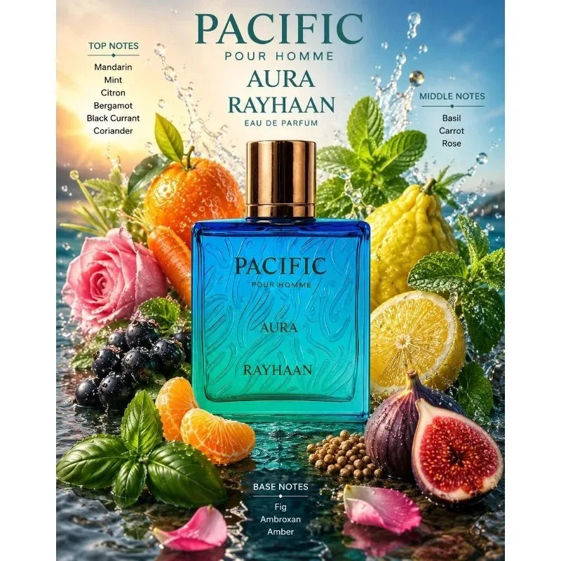 Rayhaan 100ML Unisex Arabian Perfume Eau De Parfum Long Lasting Fresh Fruity Aquatic Woody Musk Amber Luxury Fragrance Spray