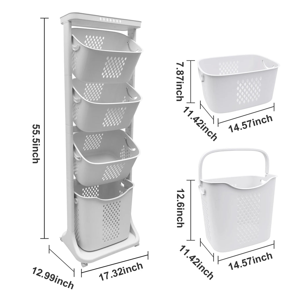 2/4 Tier Laundry Basket Cart Removable Rolling Cart Storage Buckets Plastic Hamper with 4 Wheels Organizer Portable Sort