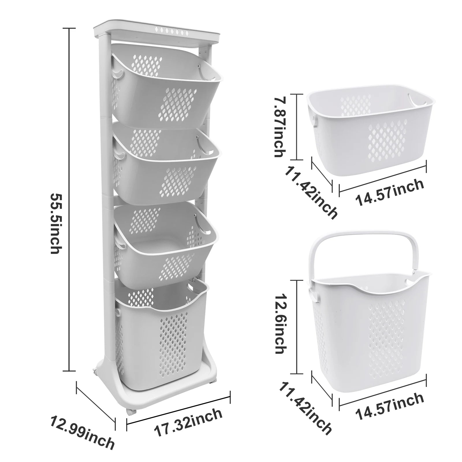 2/4 Tier Laundry Basket Cart Removable Rolling Cart Storage Buckets Plastic Hamper with 4 Wheels Organizer Portable Sort