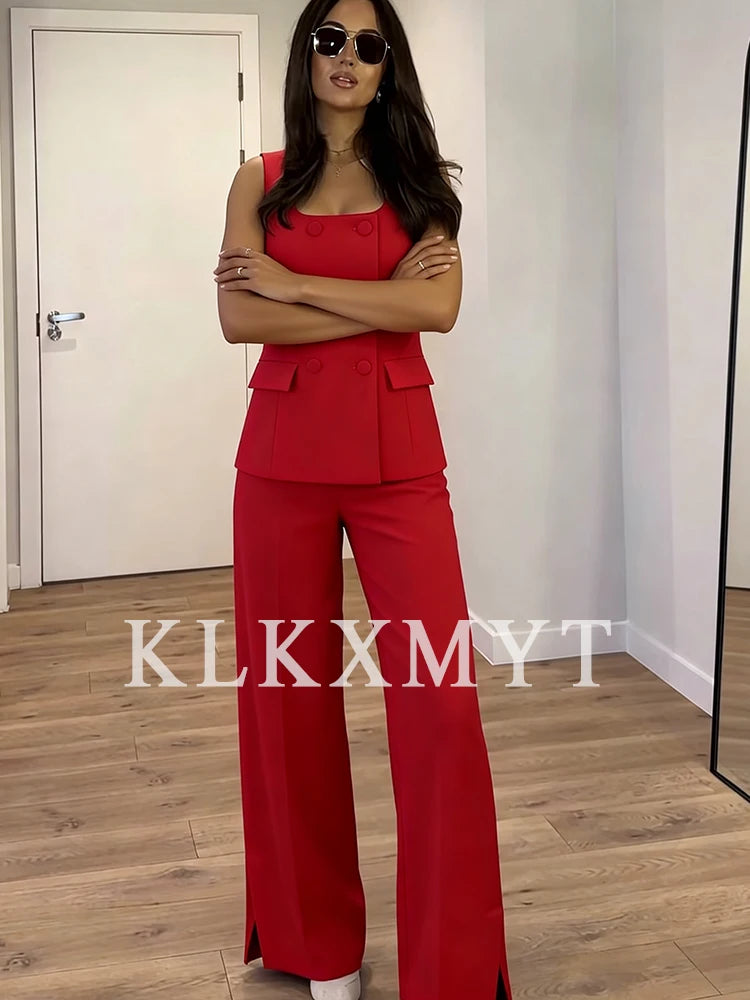 Women 2 Pieces Sets New Fashion Office Vest Top+Split Straight Leg Pants Women's Suit Formal Two Piece Set Women Outfit
