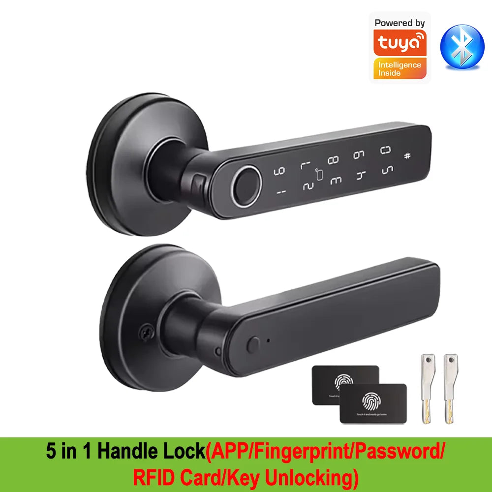 Work with Tuya App Bluetooth Smart Fingerprint Door Lock Password Mechanical Key NFC Unlocking For Wooden Door Handle Lock IP65