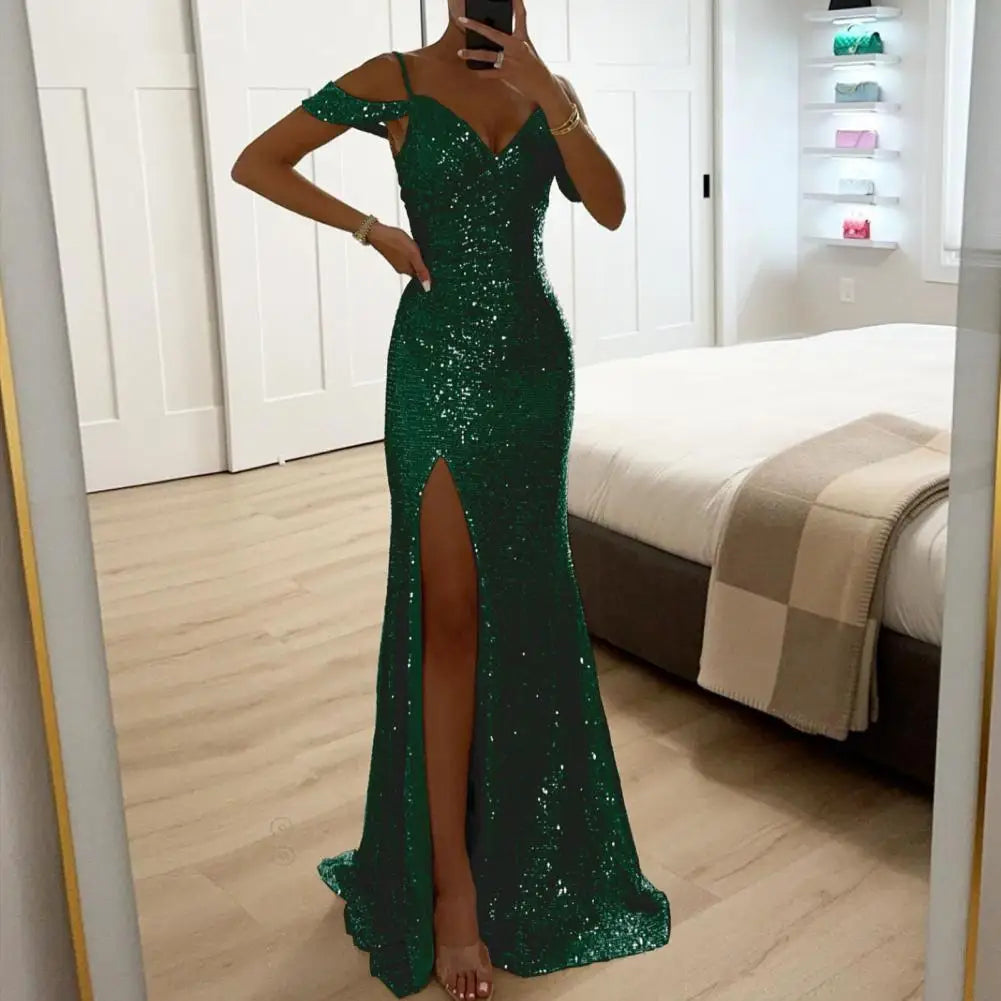 Women Sequin Suspender Dress Off Shoulder V Neck Side Slit Evening Dress Floor Length Sequin Ball Gown Banquet Maxi Dress 80%