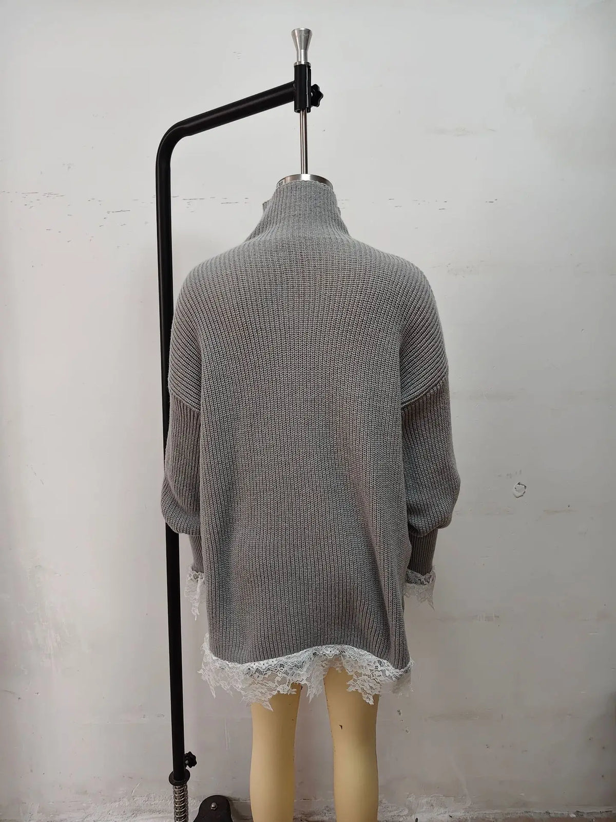 Women's Dress 2026 Spring Autumn New Solid Color Lace Patchwork Long Sleeve Loose Versatile Casual High Neck Knit Sweater Dress