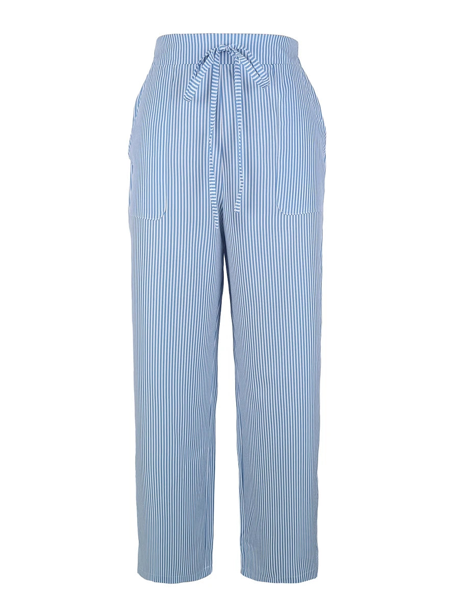 Women's Vertical Striped Wide Leg Pants High Waist Drawstring Loose Casual Trousers Autumn Elastic Waist Trousers with Pockets