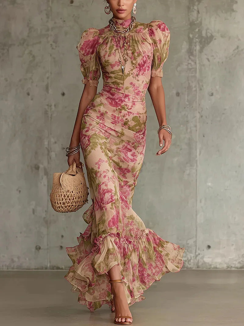 new Flower Print Women's Sleeveless Halter Maxi Dress Summer Fashion High Neck Ruched Waist Elegant Chic Holiday Party Dress