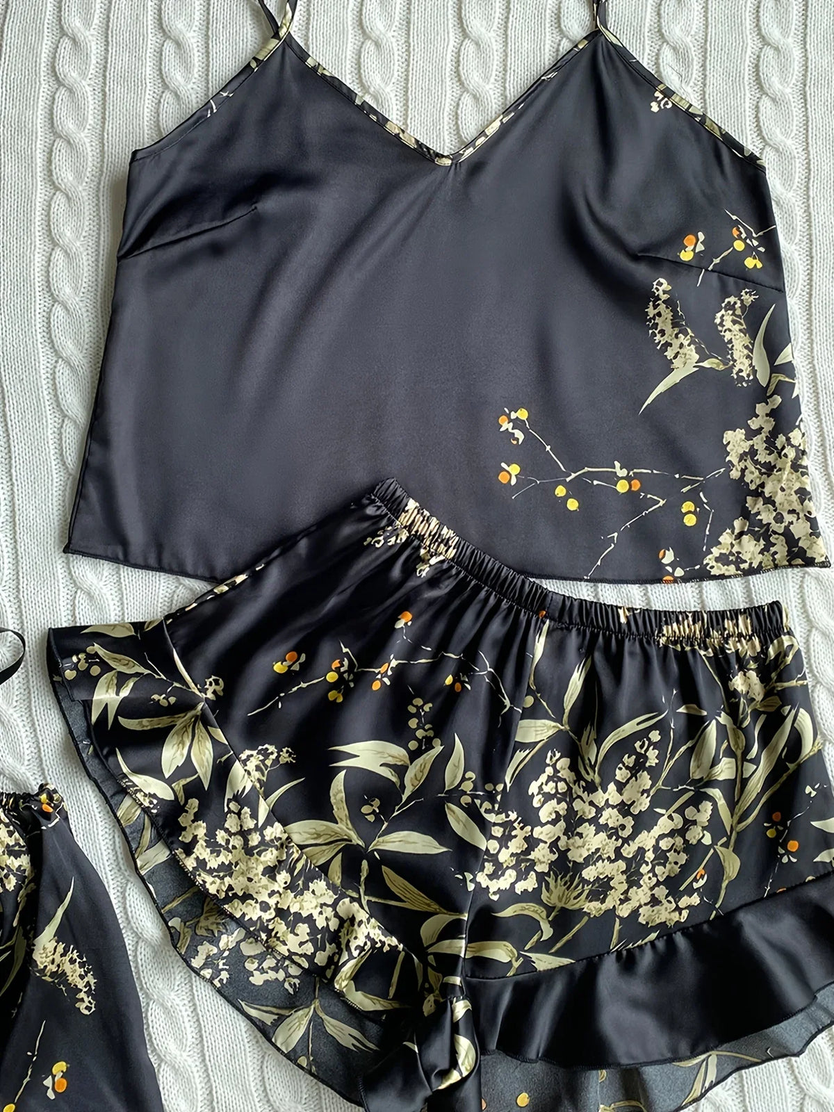 Summer Elegant  Print Cami Tops Ruffle Hem Shorts Pajama Set  Women's Sleepwear V Neck Strap Loungewear