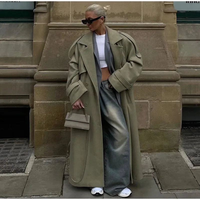 Whisper Lumi Vintage Double Breasted Lapel Women Long Coat Elegant Loose Jacket With Belt Autumn Casual Ladies Streetwear