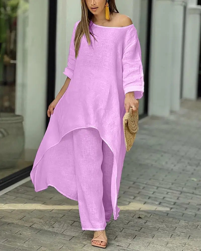 2025 Loose New In Matching Sets Two Piece Outfit 2 Pieces Set For Woman Solid Color Irregular Hem Long Sleeves Wide Legs Trouser