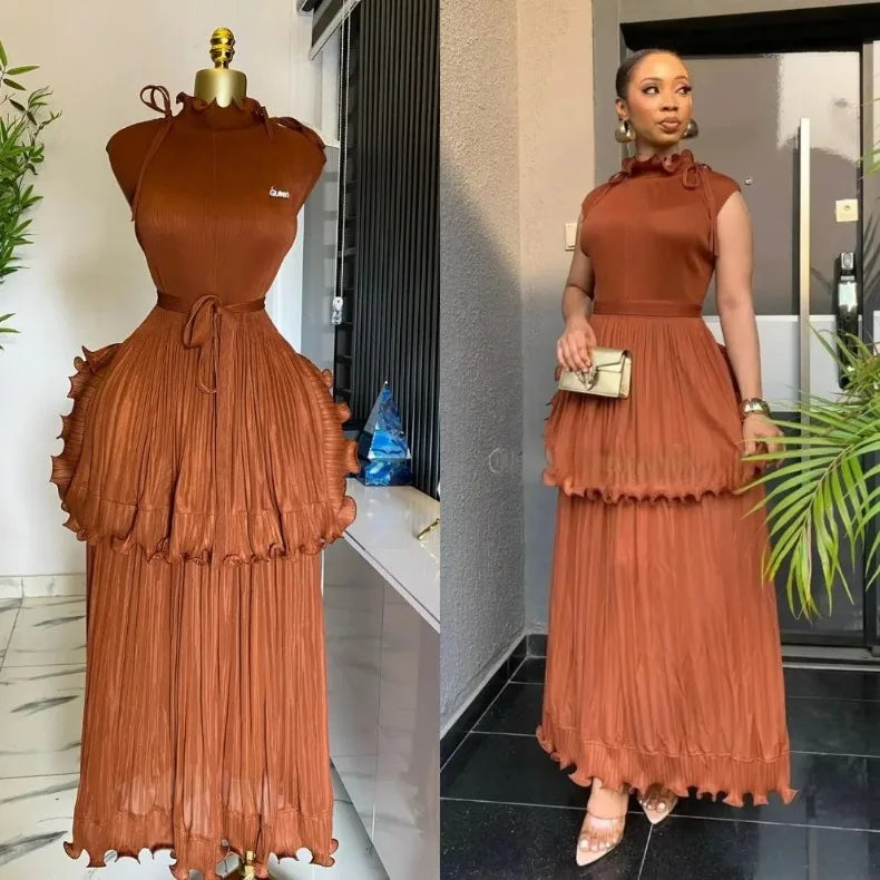 EGRM 2025 Summer New Pleated Dress Women's Solid Sleeveless Ruffles Lace Bottom Skirt with Belt Fashion Female Dresses 9R5618