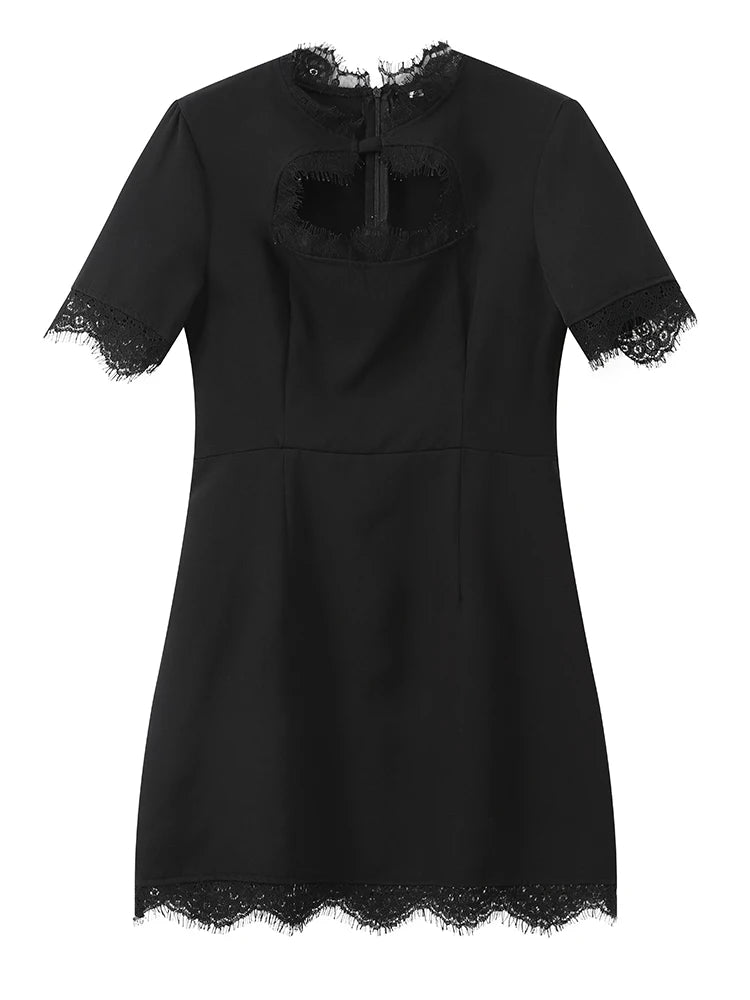 Black Lace Trim Hollow Out Mini Dress Women A-line Turtleneck Waist Cinched Short Sleeve Vestidos 2026 Lady Daily Party Gown