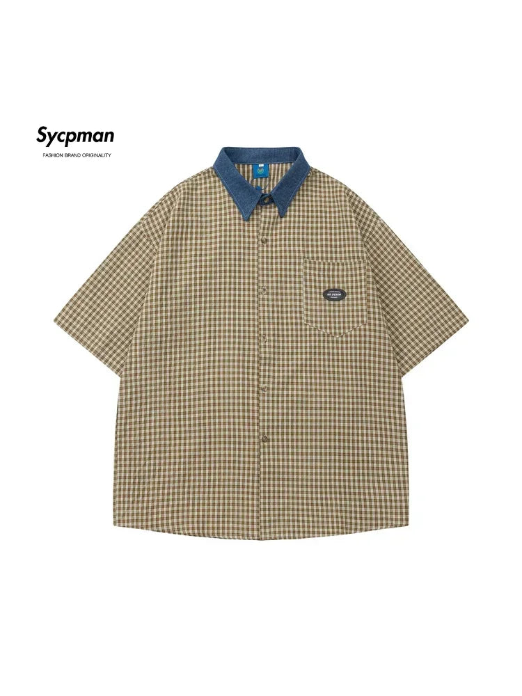 Sycpman American Style Retro Contrast Checkered Short Sleeved Shirts for Men and Women Trendy Loose Casual Shirt