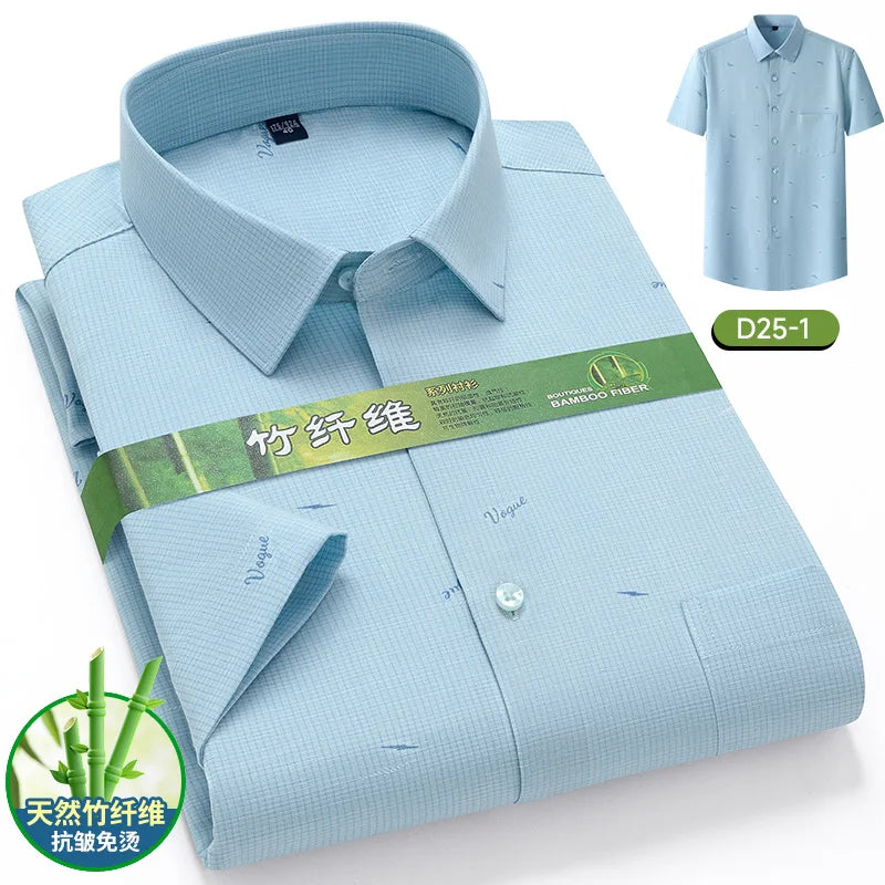 Men's Summer Bamboo Fiber Shirt Short Sleeve Lightweight Casual Breathable Soft Fabric Easy Care Slim Fit Business Casual Wear