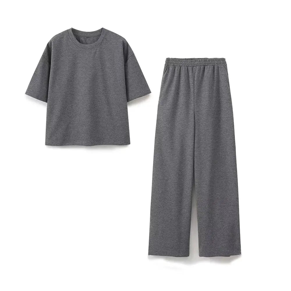 HH 2024 Women's Solid Casual T Shirts Pant Set Short Sleeves O-Neck T-Shirt Top+Lace-up Loose Side Pockets Straight Pant