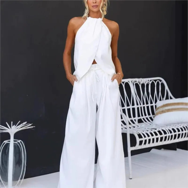 2025 Summer New Women's Elegant Solid Set Sexy Halter Tops+Lace-up Wide-leg Pants Two Piece Set Fashion High Street Office Lady