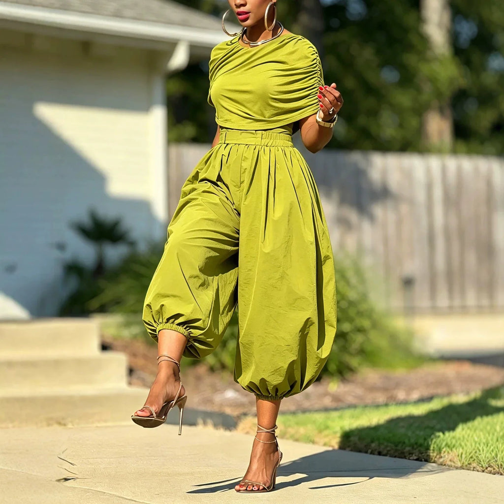 Two Piece Matching Set Ruched Short Sleeve Crop Top and Balloon Harem Pants Women Casual Streetwear Loose Baggy Wide‑Leg Outfit