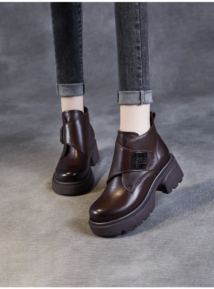 DRKANOL Wide Head Design Women Platform Boots Autumn Winter Warm Thick High Heel Hool And Loop Metal Genuine Leather Ankle Boots