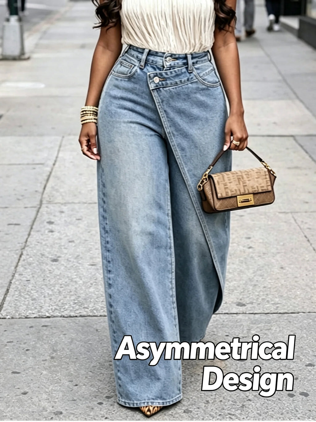 2026 New Women High Waist Wide Leg Jeans Asymmetrical Wrap Front Design Loose Straight Denim Pants Casual Office Wear Trousers