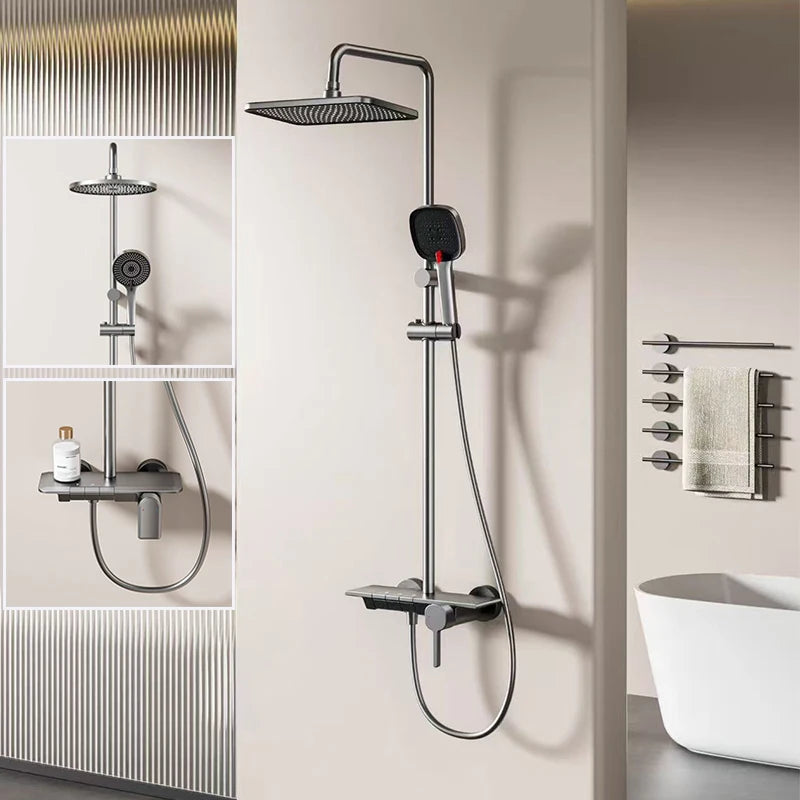 Grey Aluminum Shower Mixer Crane with Hand Shower Set Wall Mounted Bathroom Shower Faucet Set 3-way Rainlfall Showers System Set