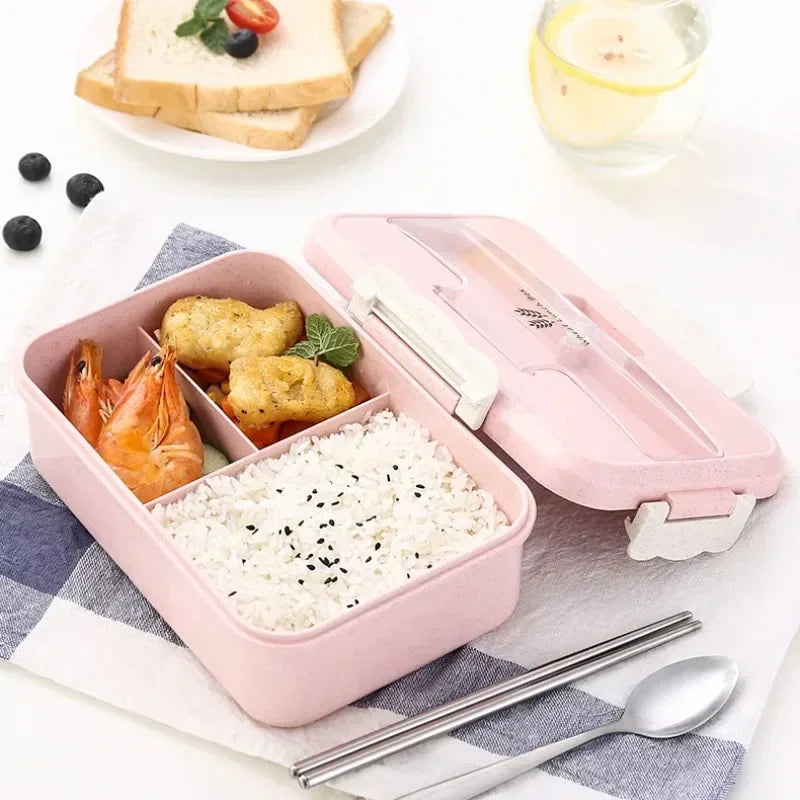 Microwave Lunch Box for Children Portable School Office Bento Box with Tableware Spoons Chopsticks Wheat Straw Food Box