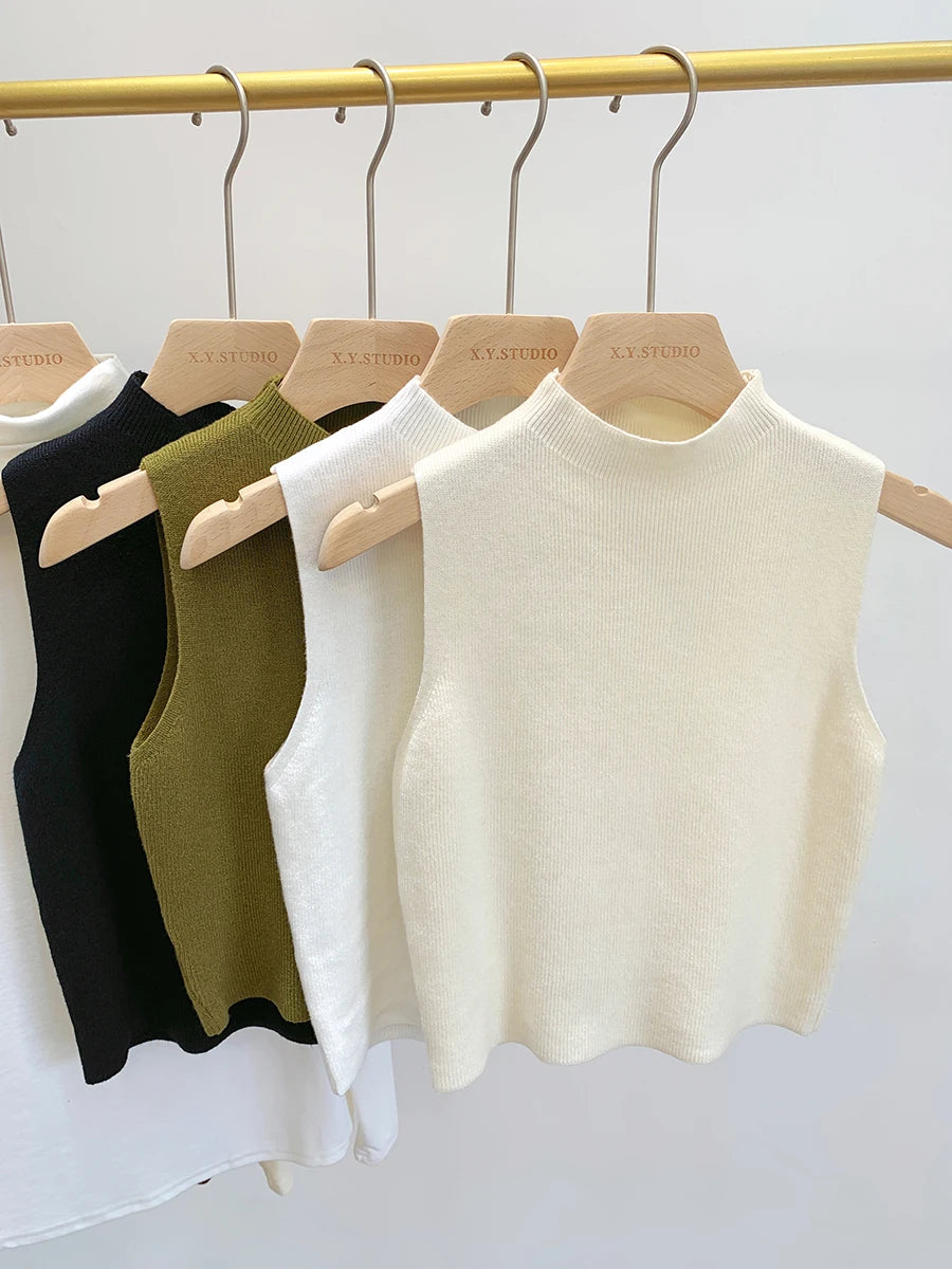 2026 Women Knitted Tank Top Spring Summer Slim Sweater Short Sleeveless Solid Spring Autumn Sweaters Pullovers