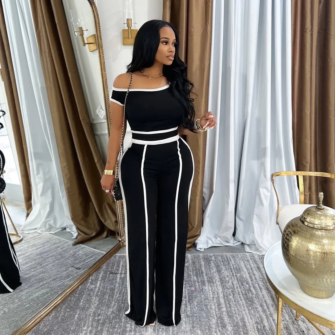 Casual Women's Solid Color Set with Diagonal Shoulders and Wide Legs, Two Piece Set, Summer 2025