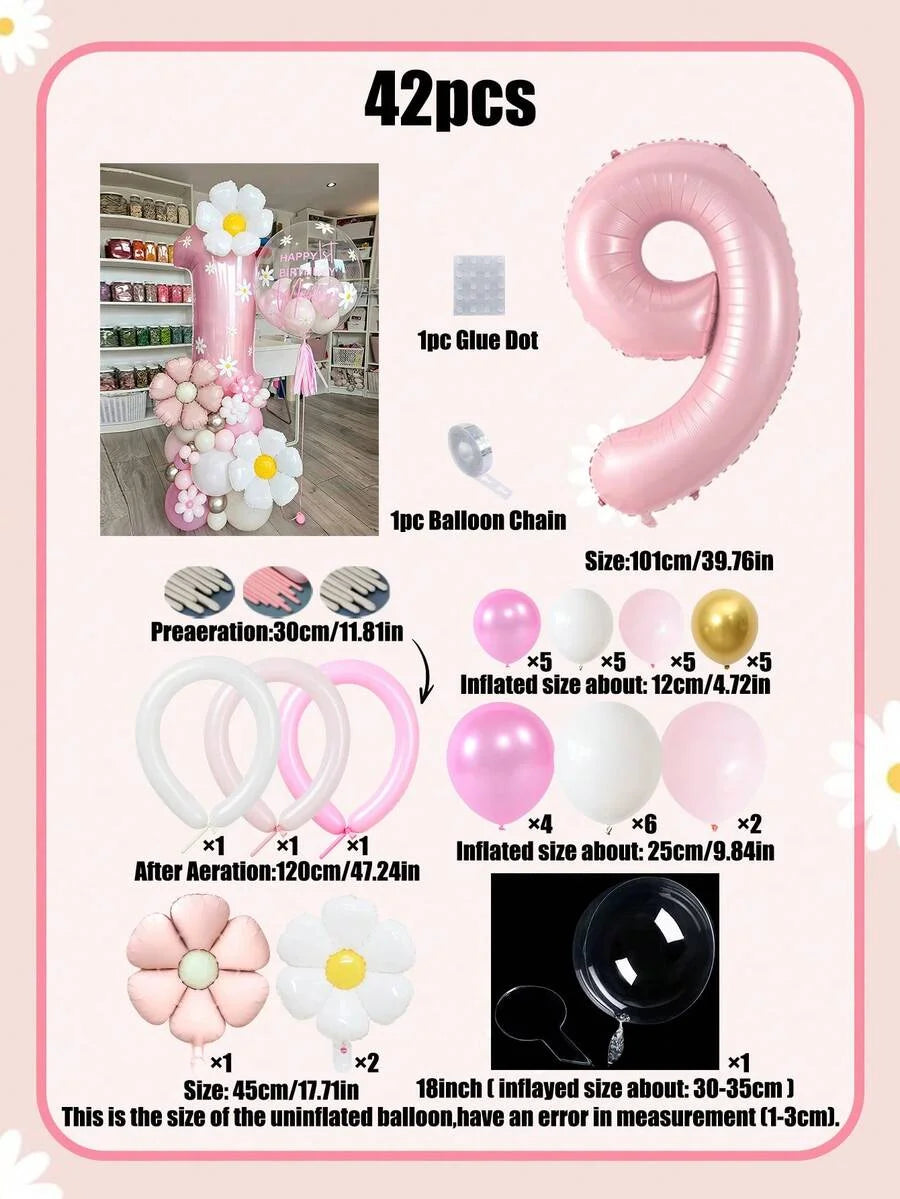 42pcs Daisy Pillar Balloon Set, Includes Oversized Pink Number Balloons, Sunflower Foil Balloons,For Birthday,Girls' Party