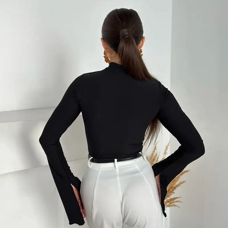 Women'S Fall/Winter New Arrival Solid Color Hanging Neck Square Collar Slim-Fit Elegant Slit Long-Sleeve Causal Top