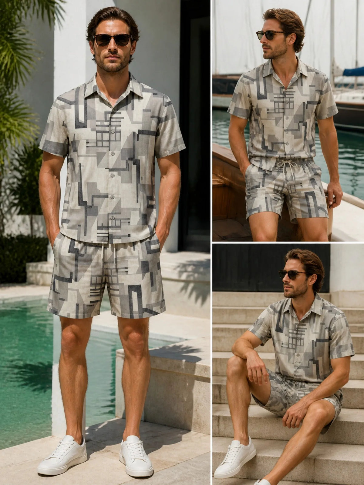 Mens Floral Short Sleeve Shirt and Drawstring Shorts Set Beach Vacation Relaxed Summer Two Piece Weekend Beach Outfit Travelwear