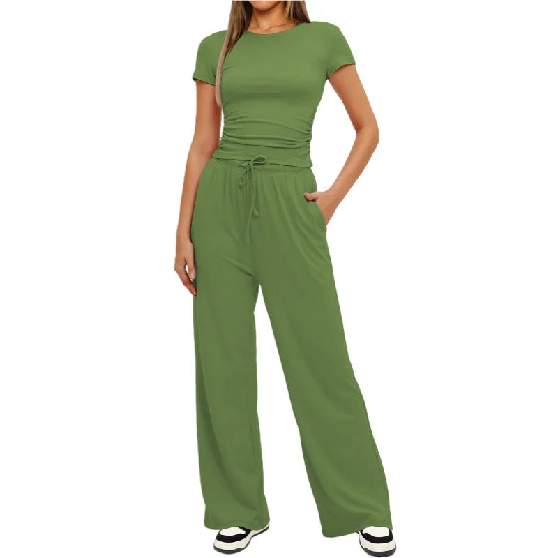 Women's Summer Solid Loose Casual Tracksuit Two Piece Set O Neck Short Sleeve T Shirt Wide Leg Pants Sportswear