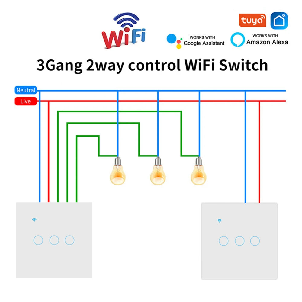Wifi Smart  2way Switch 1gang 2gang 3gang Two Way Wall Touch Switch Voice and Smart Life TUYA APP Control For Stairs Corridors