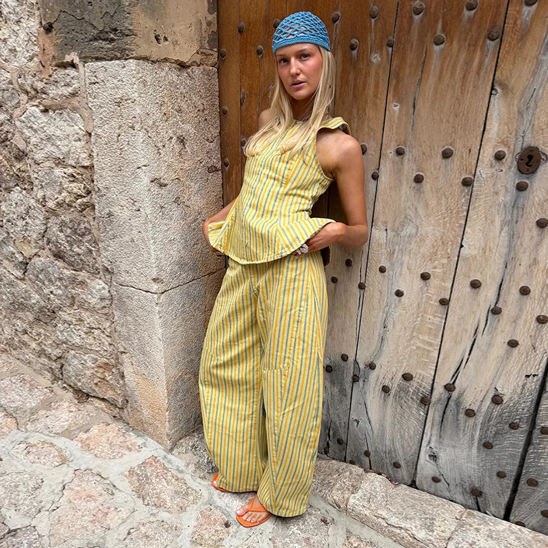Casual Striped Pleated Vest Pants Women's Set Elegant Sleeveless O-neck Top Wide Leg Trousers 2026 Summer Vacation Lady Outfit