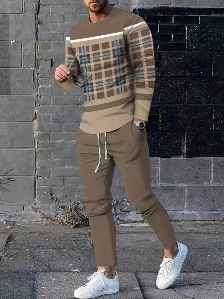 Magnificent Lion Print Men's Autumn Trend Round Neck Long Sleeve T-shirt 2pcs Outdoor Casual Comfortable Men's Top And Pants