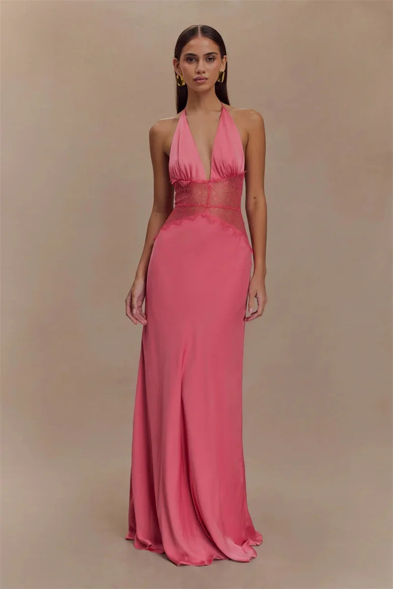 Mozision Summer Backless Sexy Maxi Dress Women Gown Patchwork Lace Halter Deep V Neck Sleeveless High Waist Elegant Long Dress