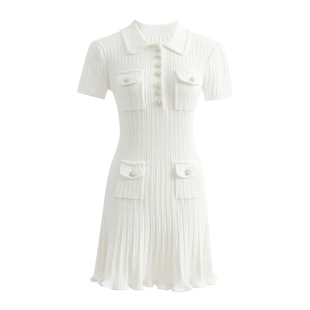 Brand Designer Polo Knitted Dress Women Summer Short Sleeve Single Breasted Flower Button Knitting Sweater Mini Dresses