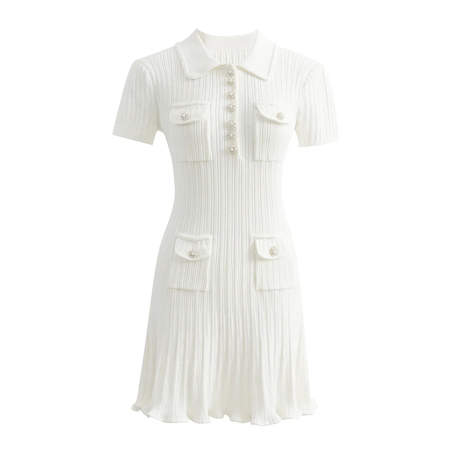 Brand Designer Polo Knitted Dress Women Summer Short Sleeve Single Breasted Flower Button Knitting Sweater Mini Dresses