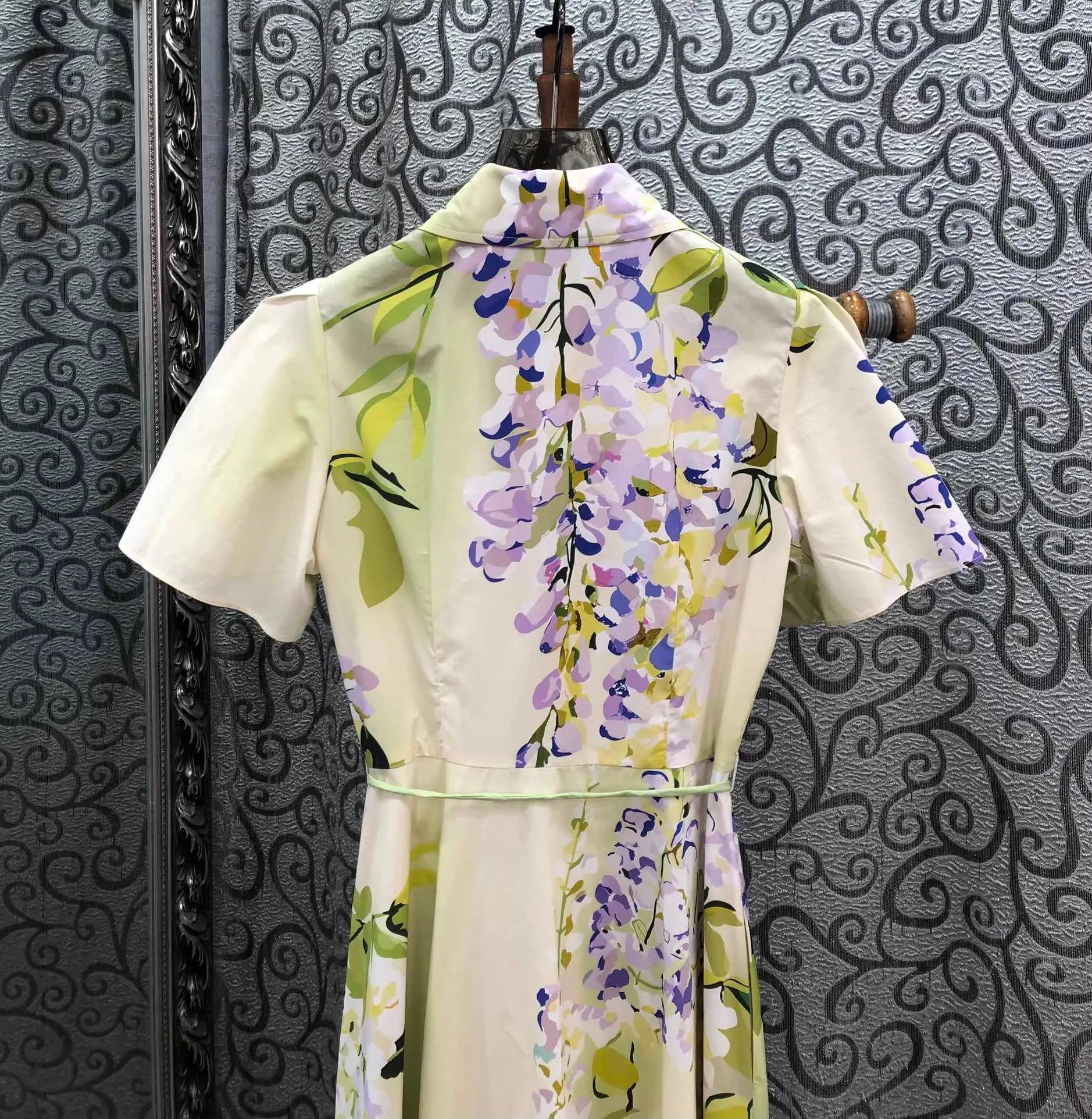 100%Cotton Long Dress 2026 Spring Summer Women Turn-down Collar Sweet Floral Print Belt Deco Short Sleeve Long Maxi Dress Luxury