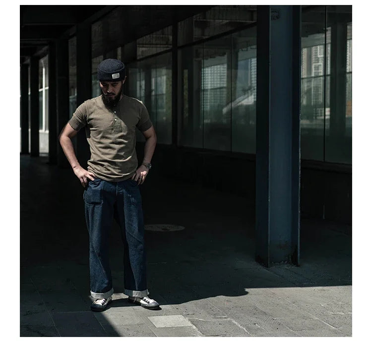 Bronson Vintage Short Sleeve Henley T-Shirt Retro Style Mens Cotton Tee Shirt