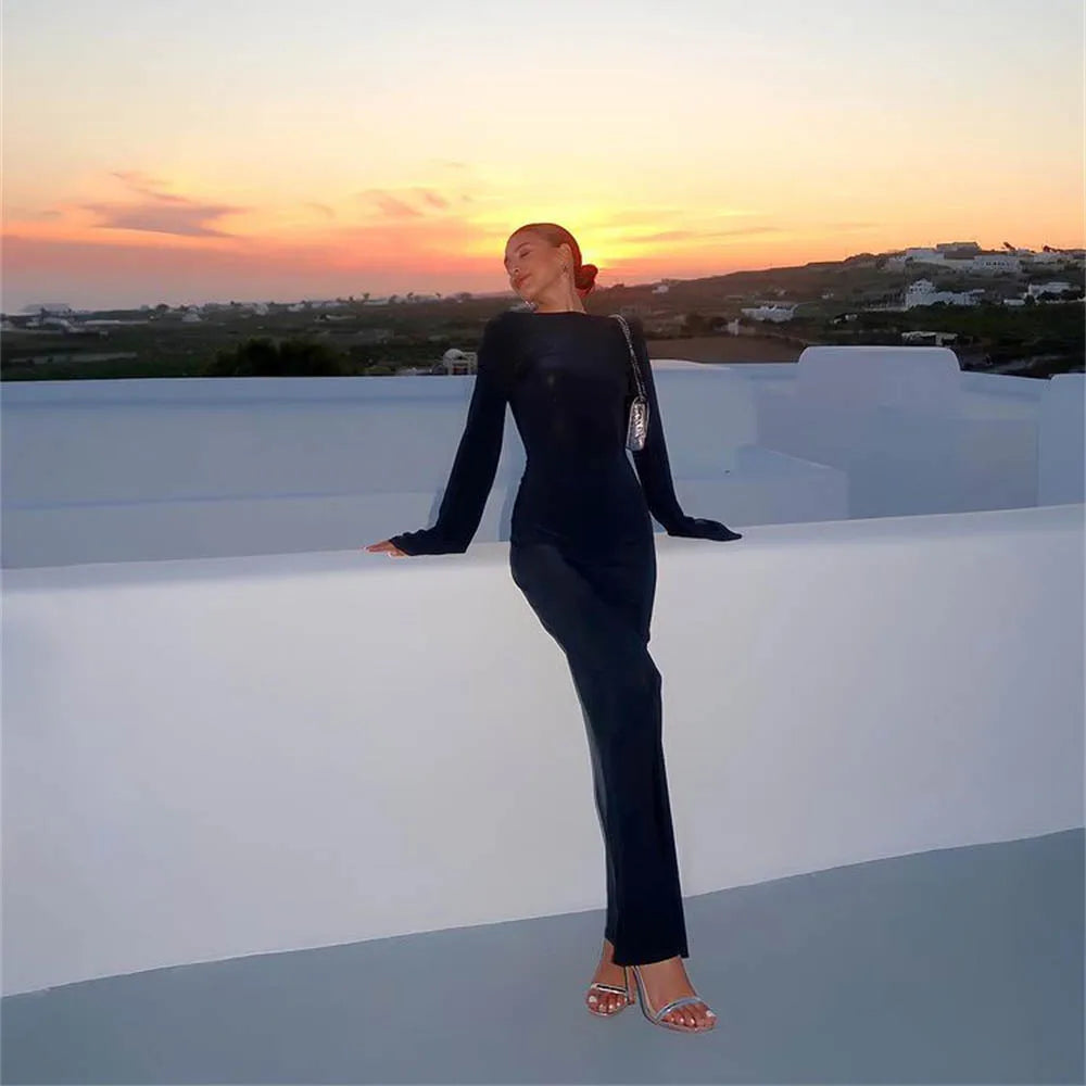 Women Summer Mesh Wrapped Dress Long Sleeve Round Neck See Through Sunscreen Solid Color Backless Beach Long Dress